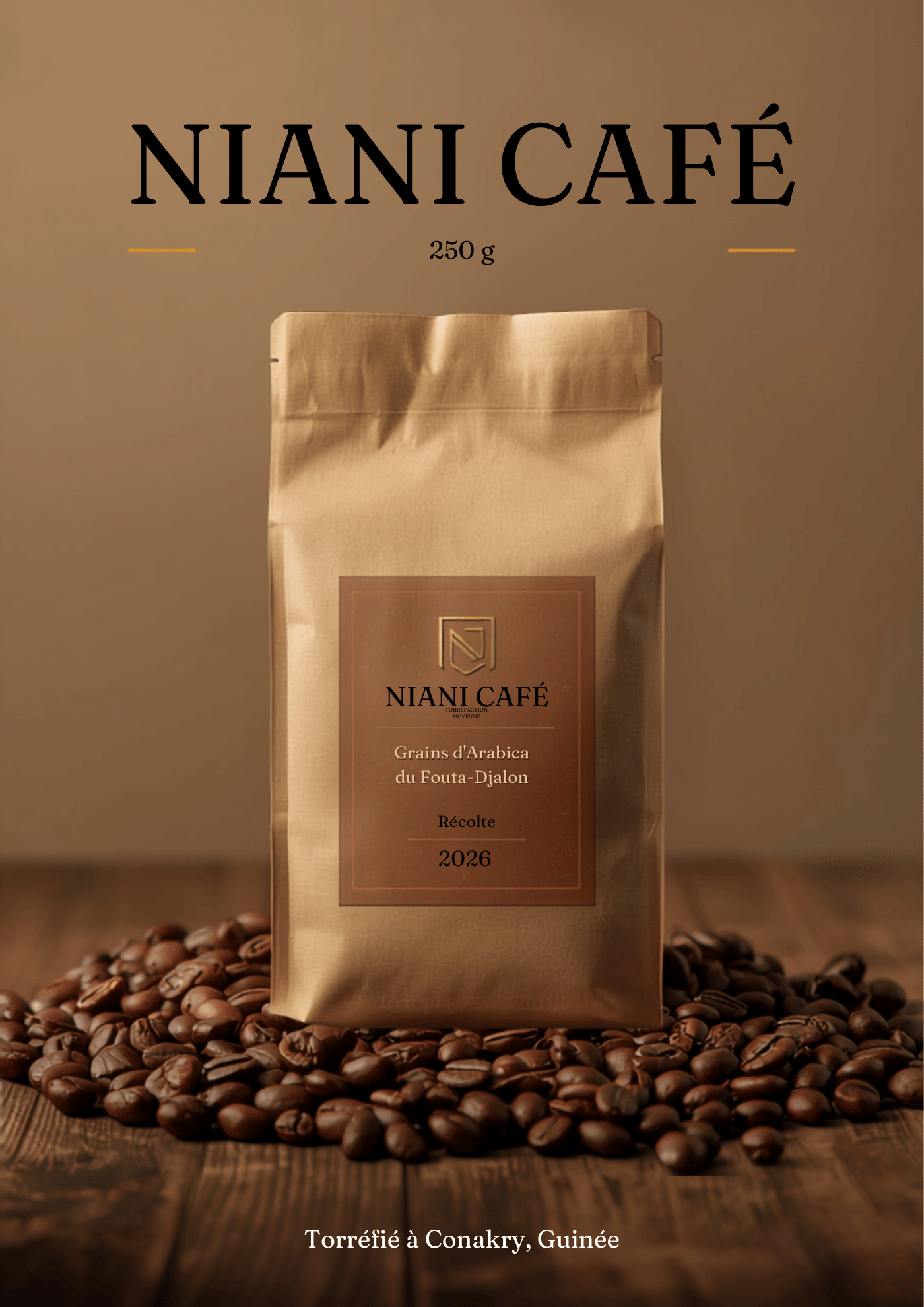 250g packaging — Arabica label from Fouta-Djalon, 2026 harvest